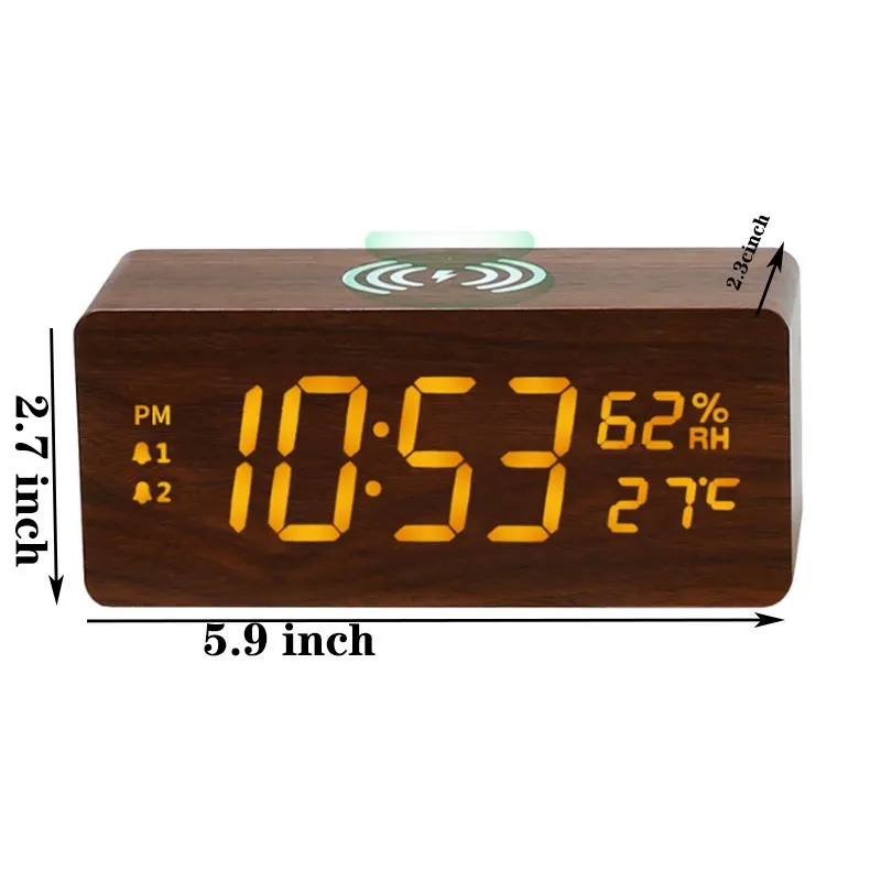 Wooden Digital Alarm Clock Wireless Charging 1