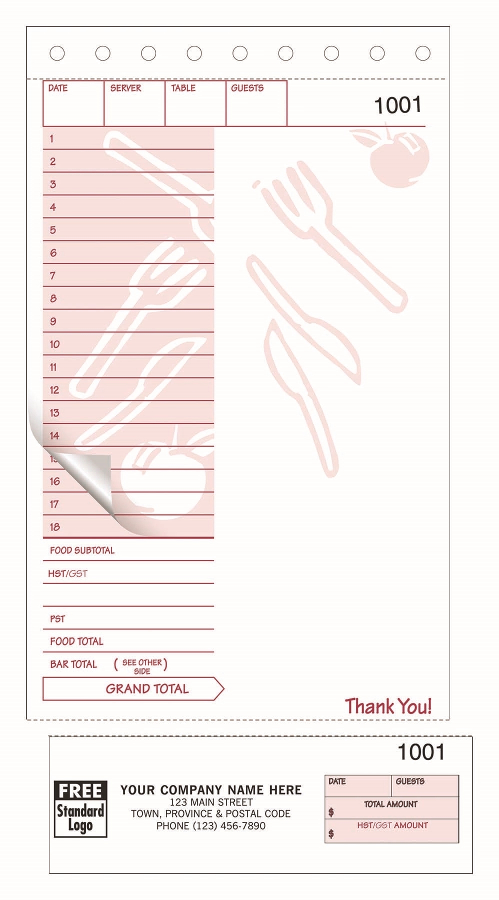 Restaurant Guest Check & Order Form w/ Receipt Stub 1