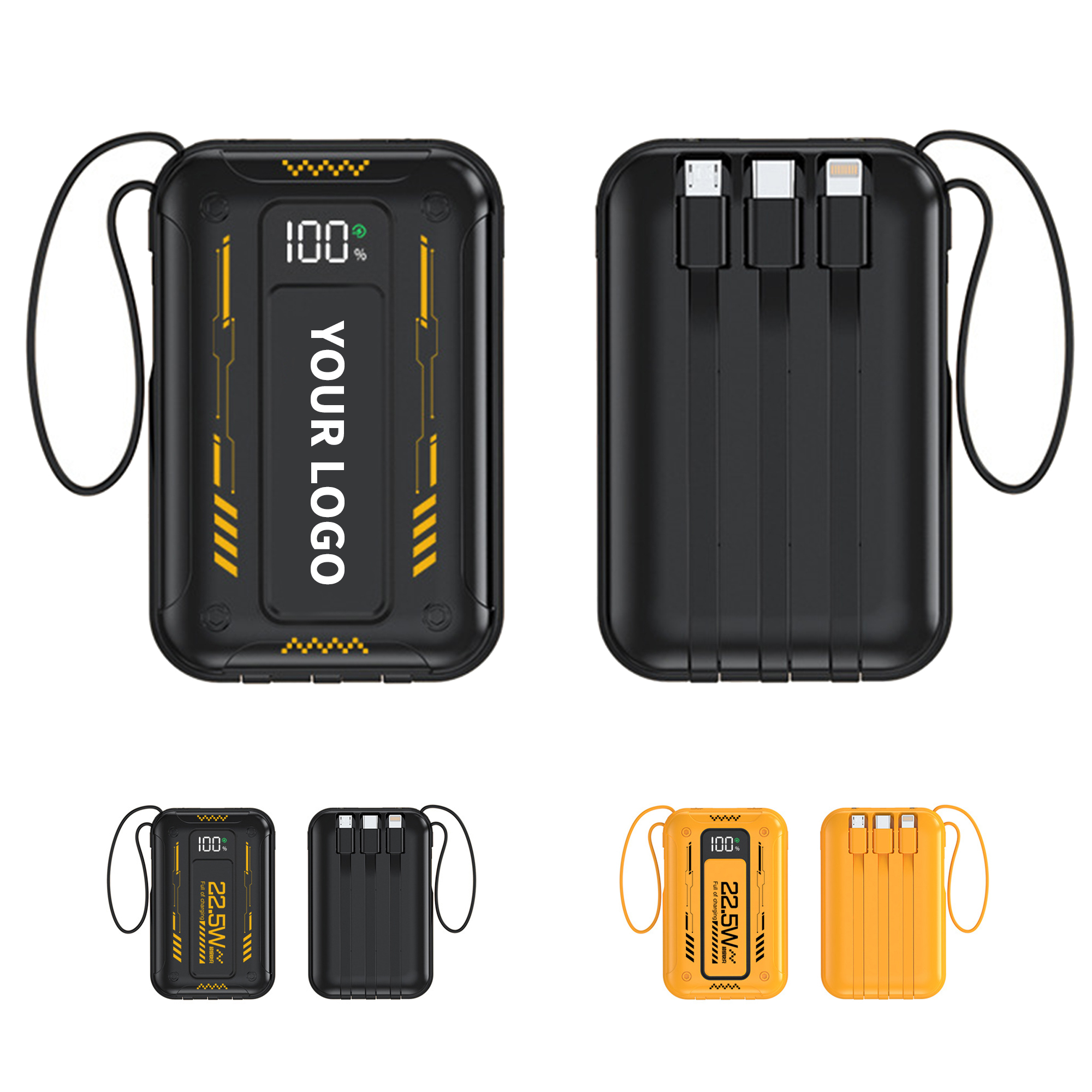 Portable 10000 Mah Power Bank With Integrated Cables And Flashlight 4" Length X 2.6" Width X 1