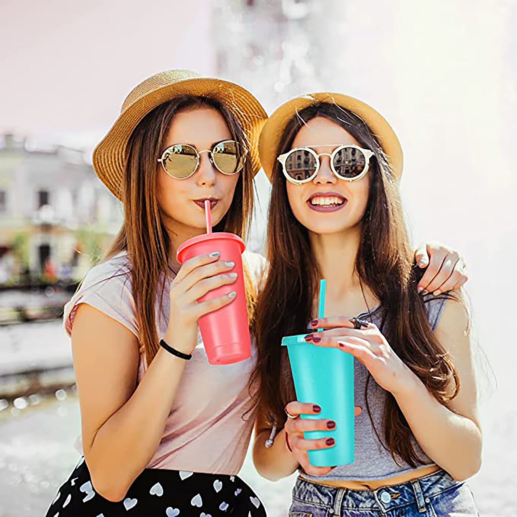 24 OZ Glitter Reusable Color Changing Cups w/ Lids & Straws in Cold Water 10