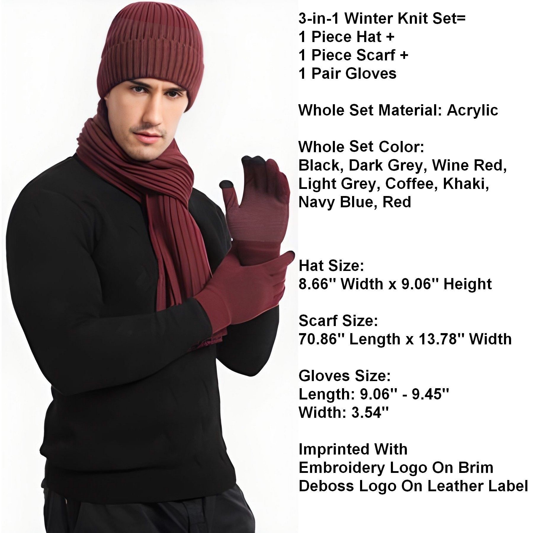 Winter Beanie Hat Warmer Long Scarf Touchscreen Gloves Set 15
