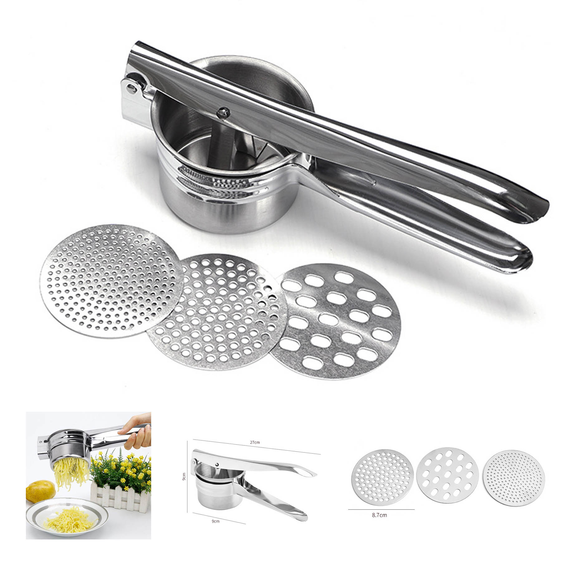 Potato Masher Fruit Squeezer With 3 Sieve Tray 2