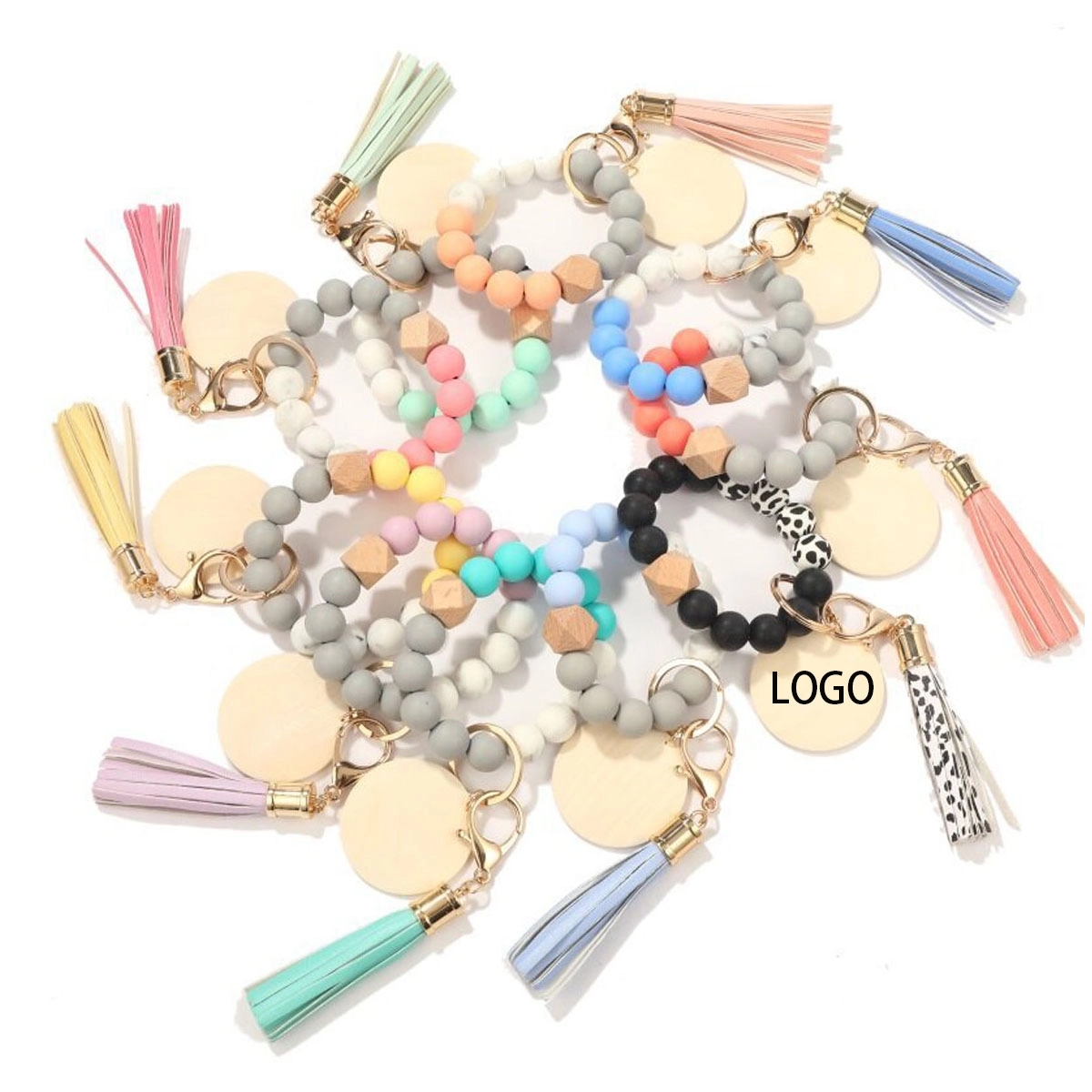 Silicone Beads Wood Chip Bracelet Keychain 2