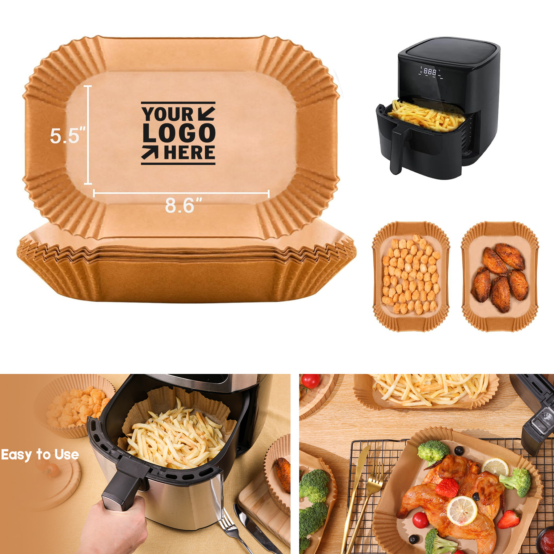 Disposable 8.6" x 5.5" Rectangular 8 Qt Above Air Fryer Dual Basket Non-stick Parchment Paper Liner  2