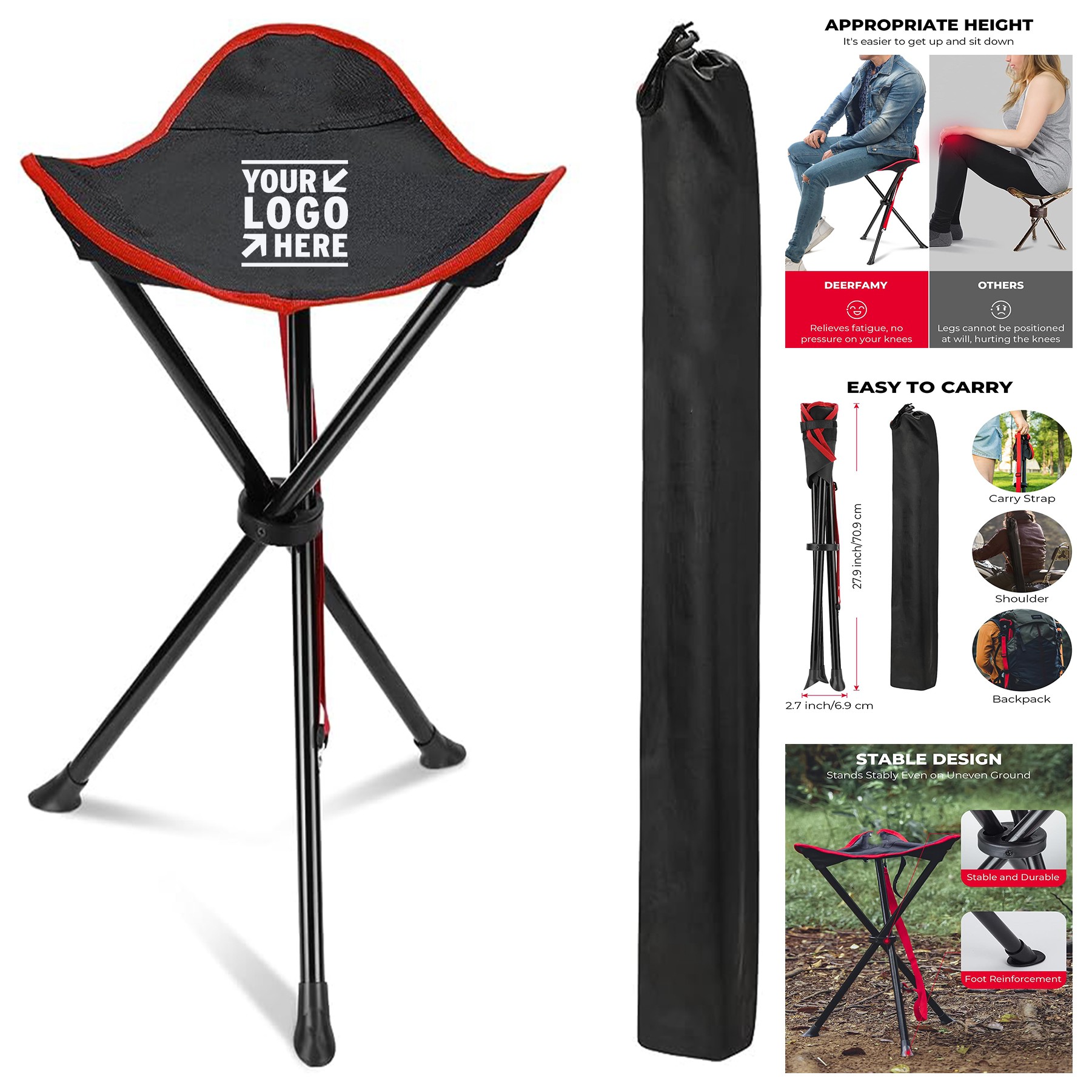 Folding Camping Stool Portable 3 Legs Tall Slacker Chair Tripod Seat With Storage Bag 2