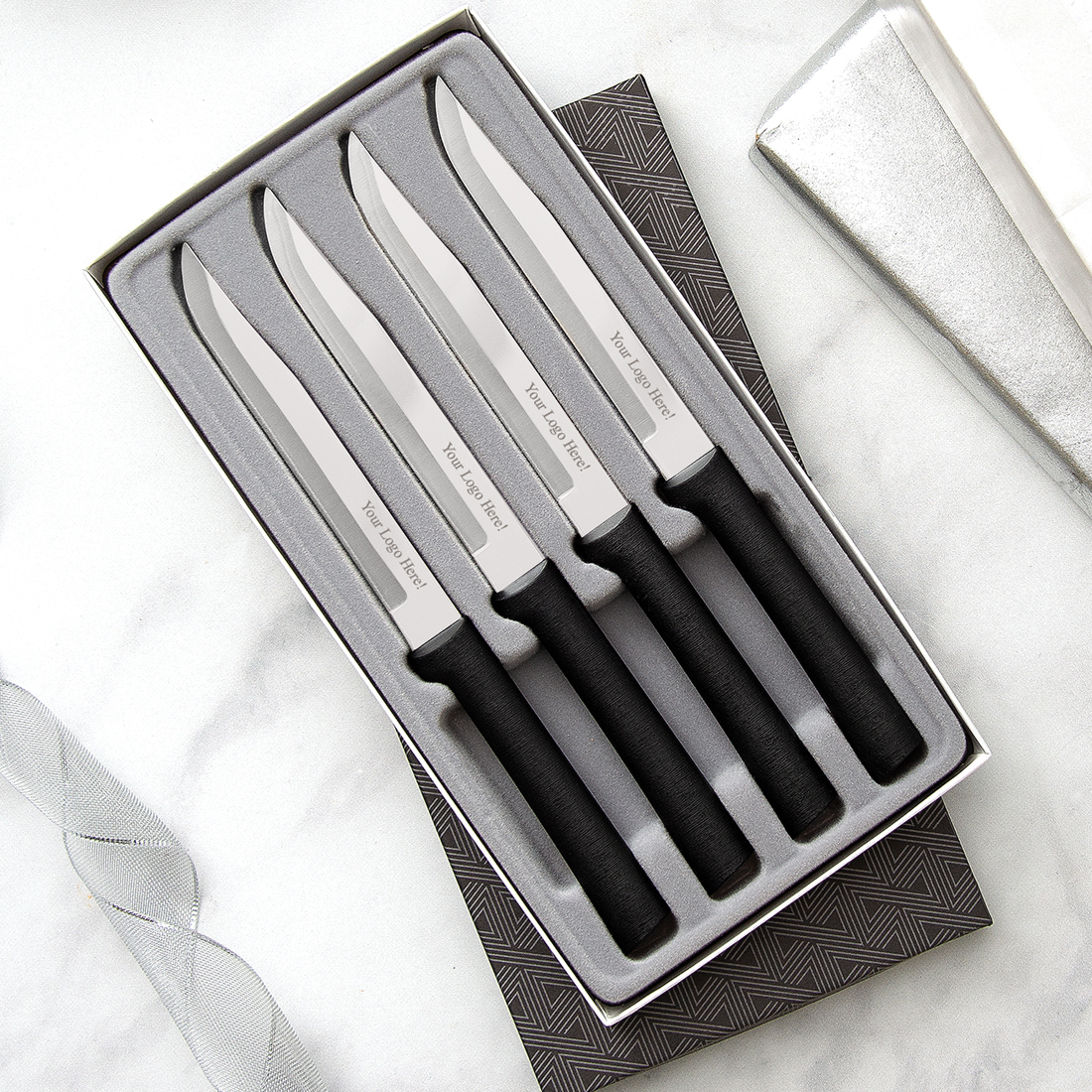 Four Utility/Steak Knives Gift Set w/ Black Handle 4
