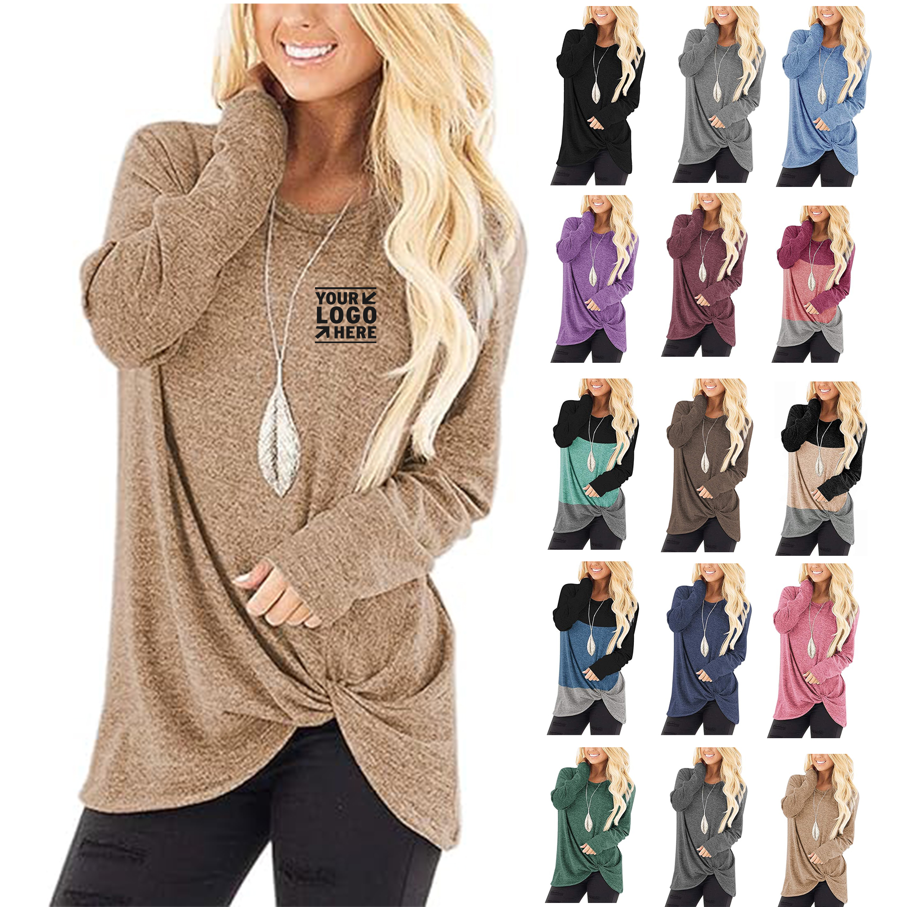 Women Tops Long Sleeve Fall Casual Tunic Shirts Round Neck Twist Knotted Tee Blouses 2