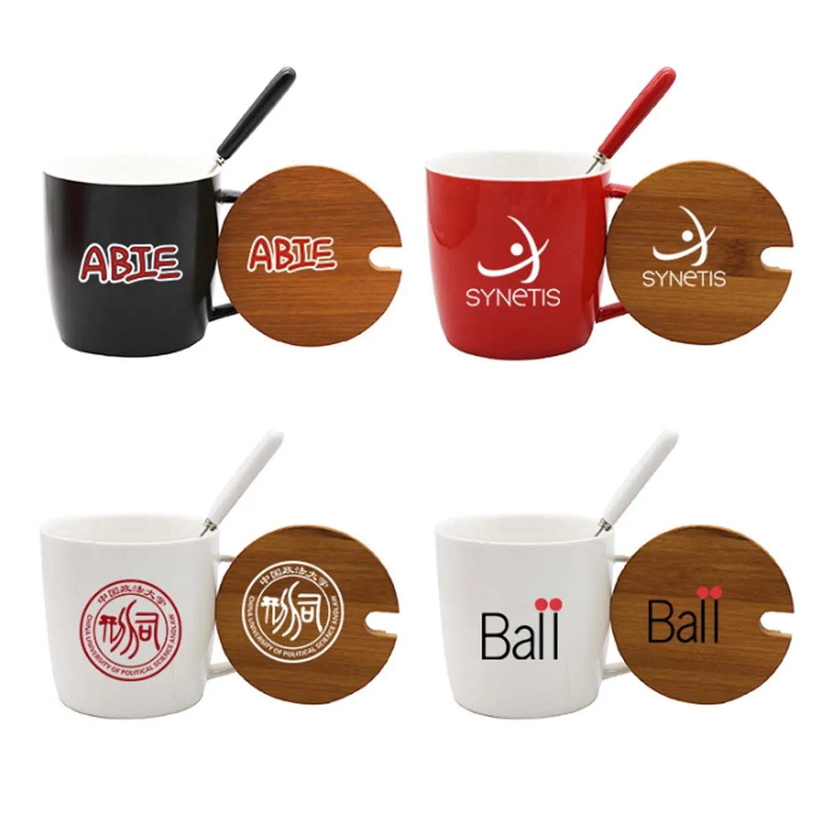 16oz. Ceramic Coffee Cup Mug with Spoon and Wooden Lid 4
