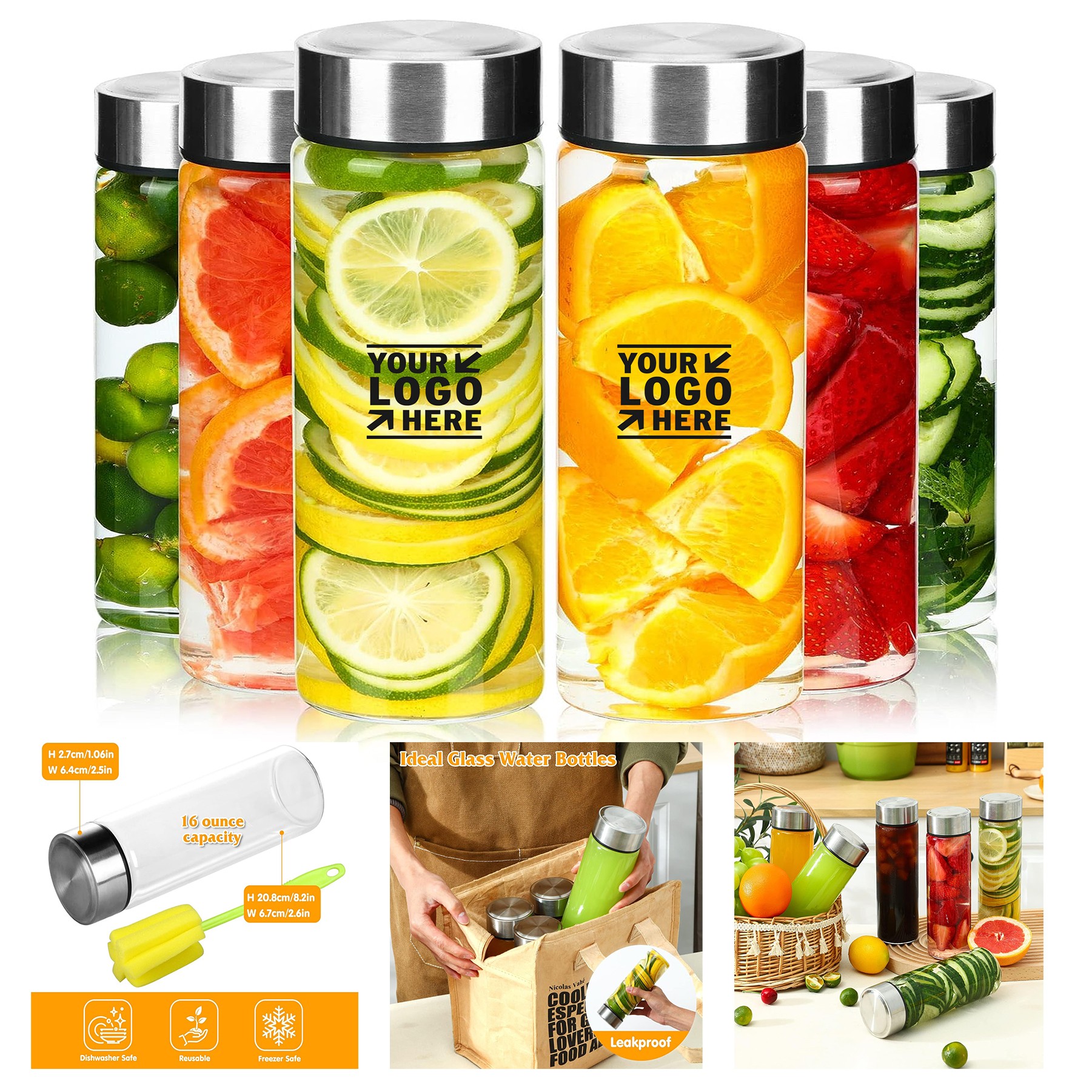 6pcs 16oz Glass Juice Water Shaker Bottle With Stainless Steel Lid 2