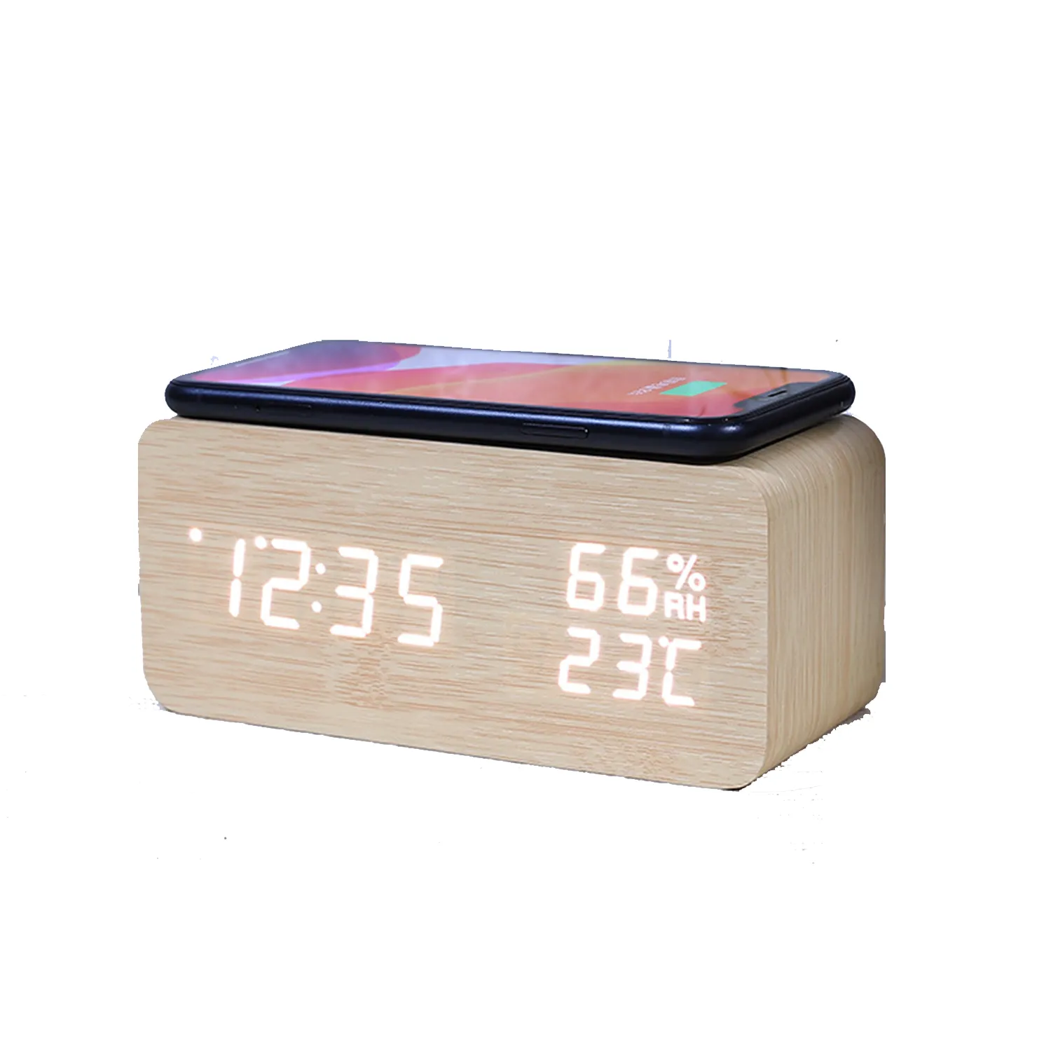 Wooden Digital Alarm Clock With Wireless Charging 5