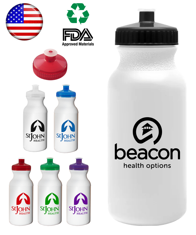 USA Made, 20 oz. Sports Water Bottle. White with Frosted Caps 1