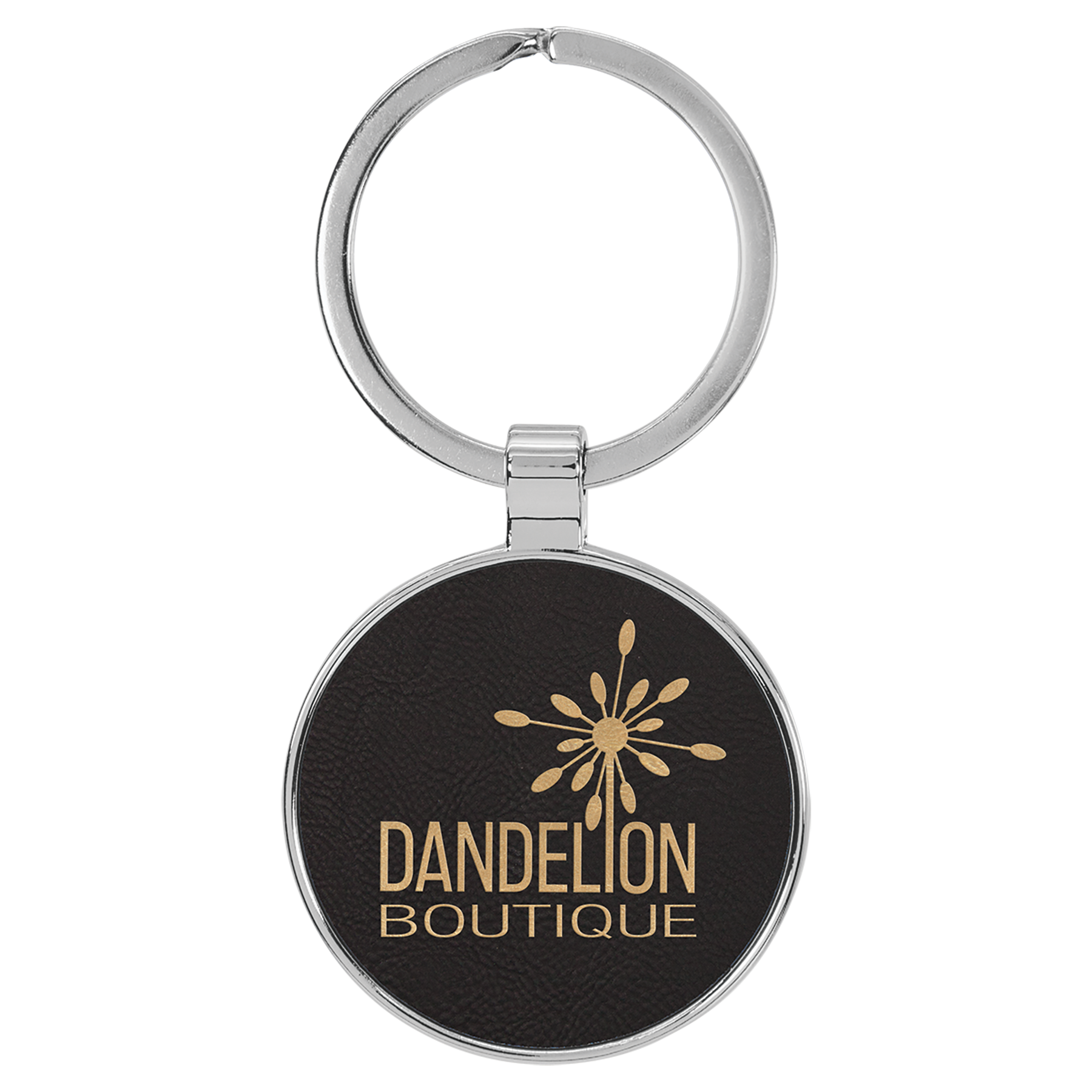 1 1/2" Leatherette/Metal Black/Gold Round Keychain 1