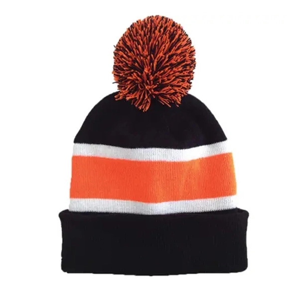 Three Tone Knit Beanie with Pom Ball 12