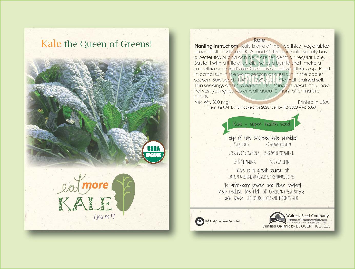 Organic Kale Seed Packet - Standard Size 3.25" x 4.5" 1