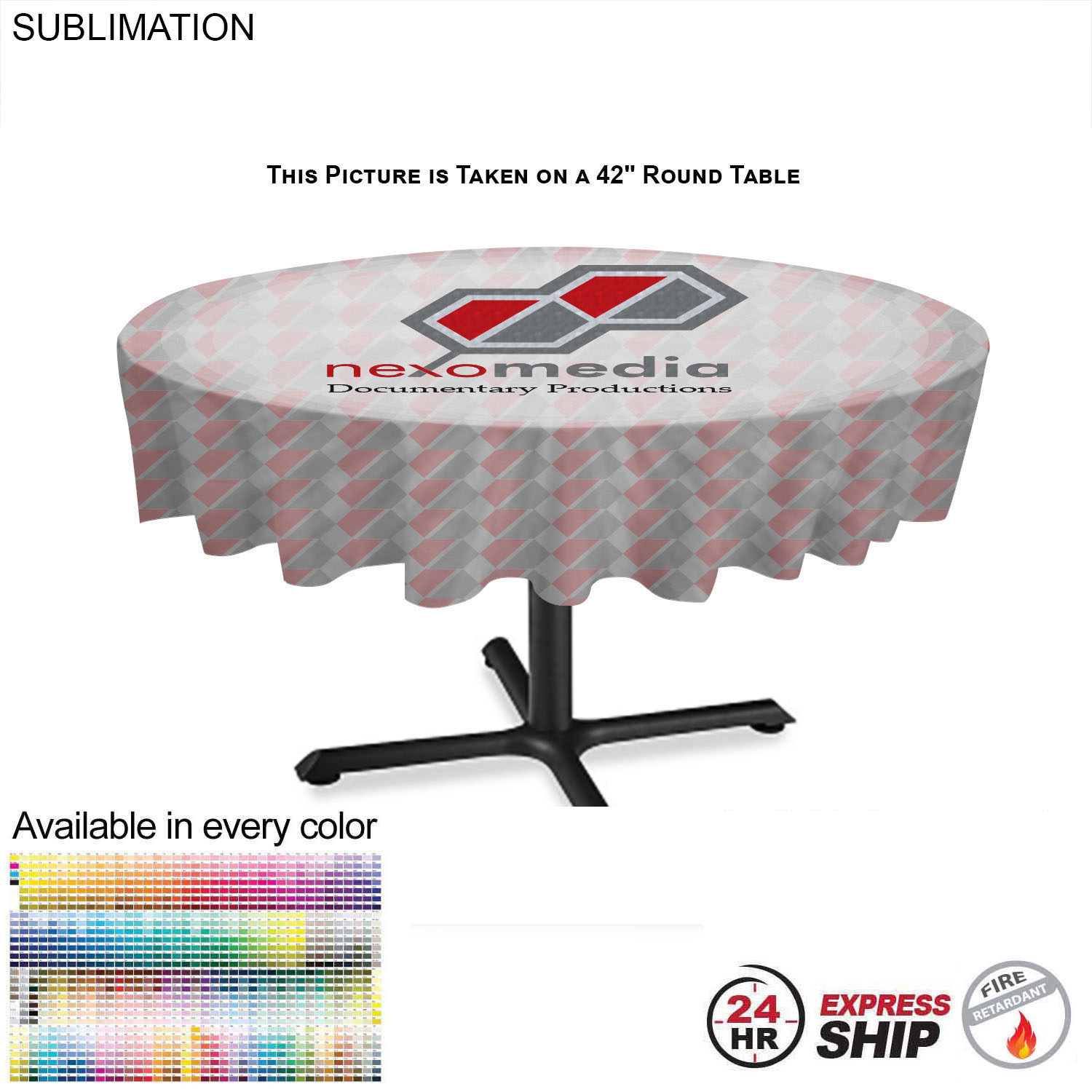 24Hr Express Ship - Sublimated Round Table cloth, 60" Diameter, Covers tables 55" round or smaller 4