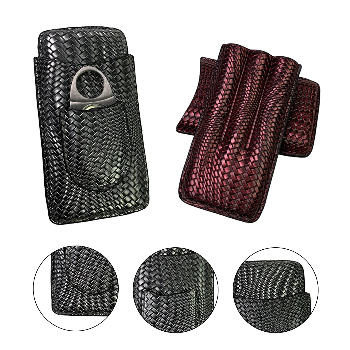 Embossed Woven Leather Cigar Case With Cutter Pocket 2