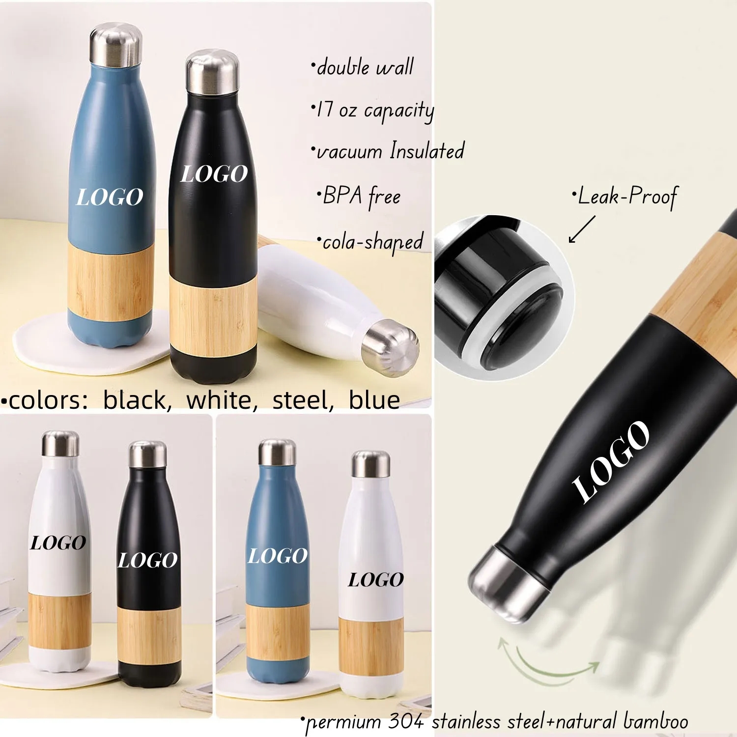 17 oz Bamboo Stainless Steel Insulated Water Bottles 4