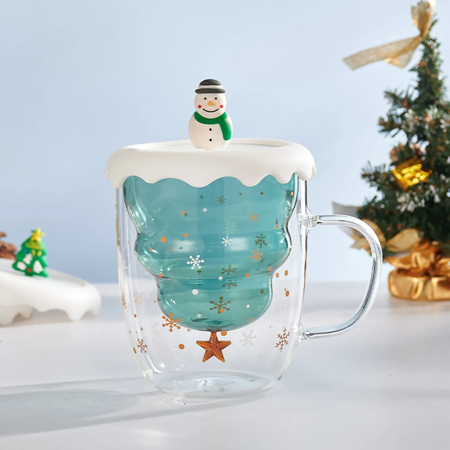 Christmas Tree Double Wall Insulated Glasses Mugs with Lid 3