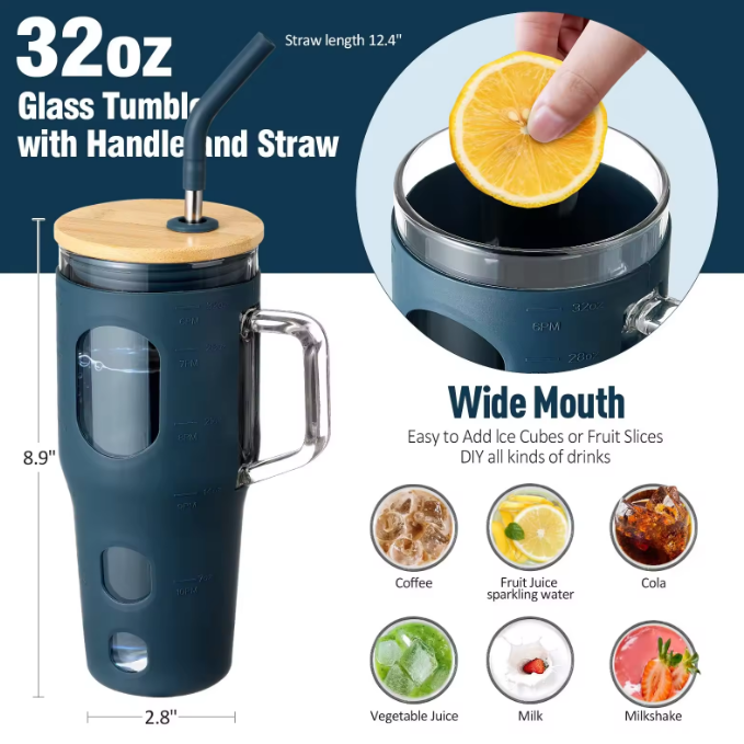 32 oz Glass Tumbler with Lid and Straw 3
