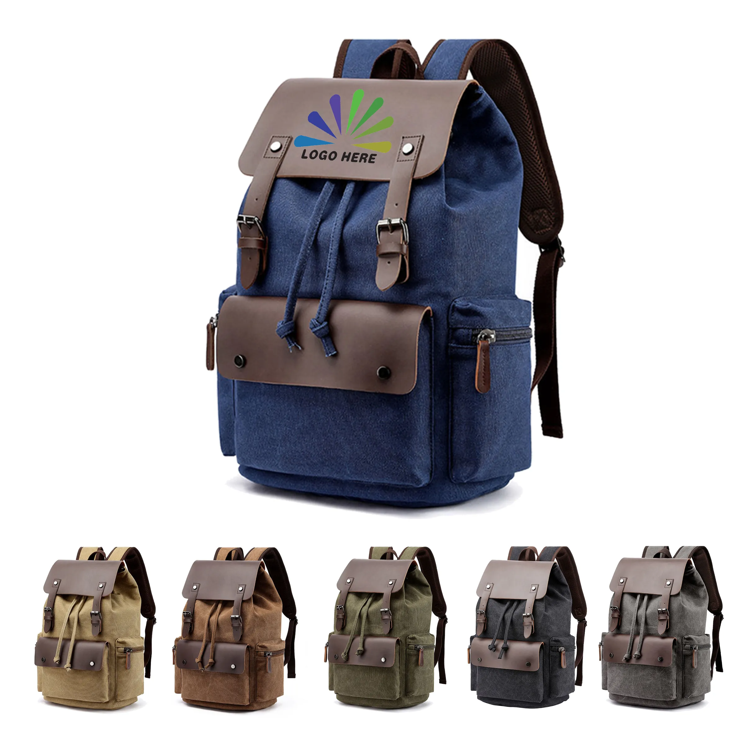 Vintage Leather Backpack Denim Canvas Laptop Rucksack