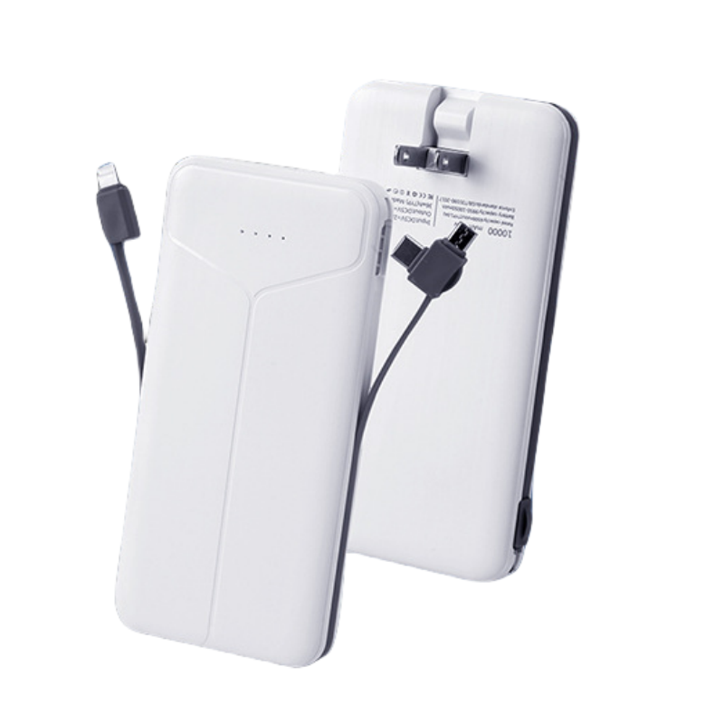 10000 mAh power bank with built-in AC wall plug with Micro, USB, Type-C charging cables 1