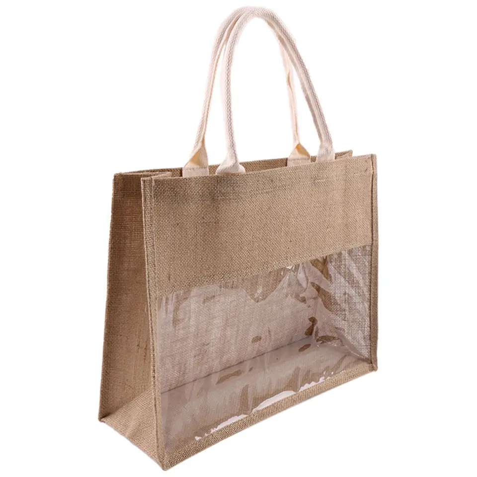Jute Tote Shopping Bag with Clear Window, custom tote bag with logo imprint 2