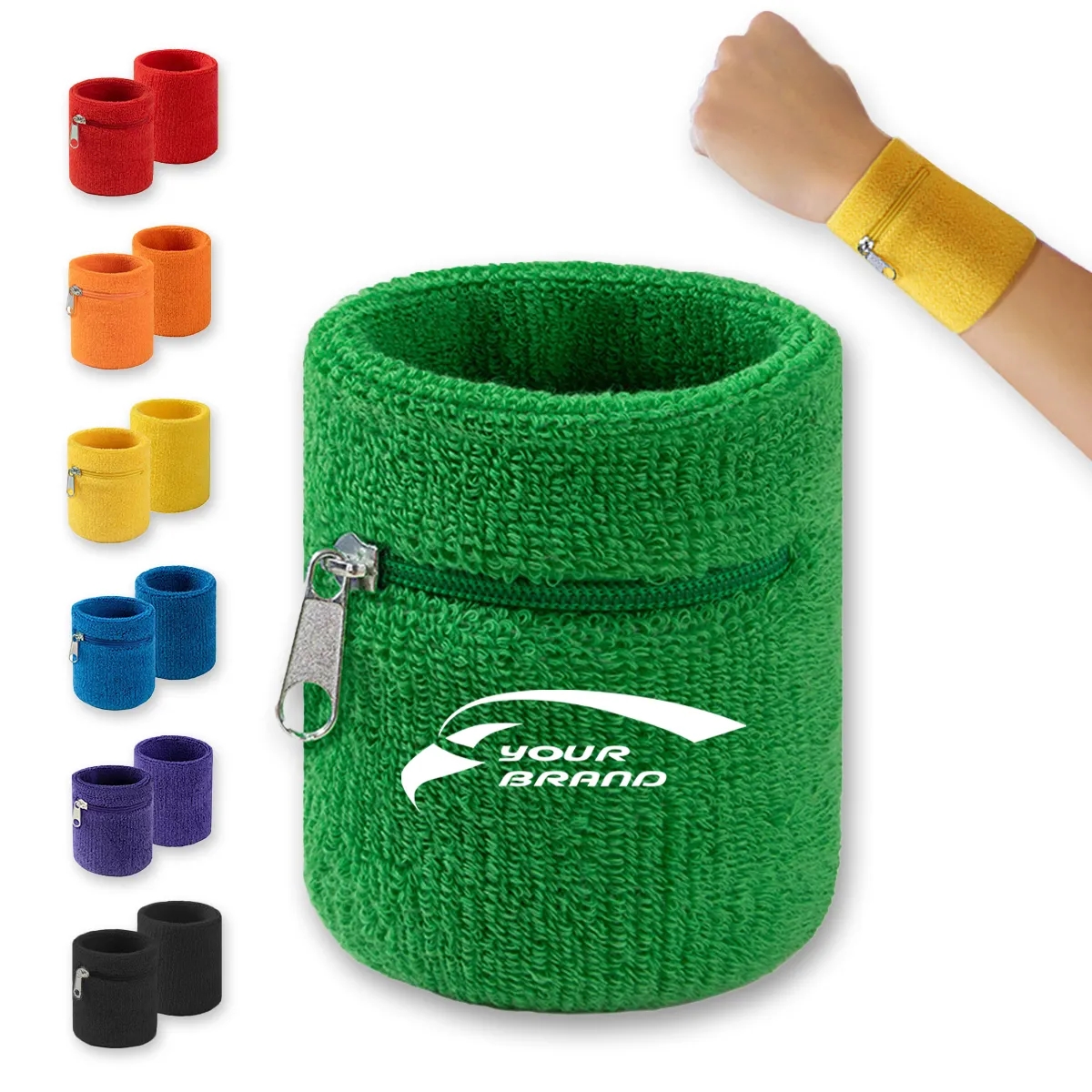 Cotton Sweatband Sport Elastic Wristband With Zipper Pocket 6