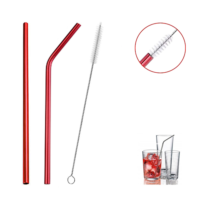 2pcs Red Stainless Steel Straw W/ Cleaning Brush 2