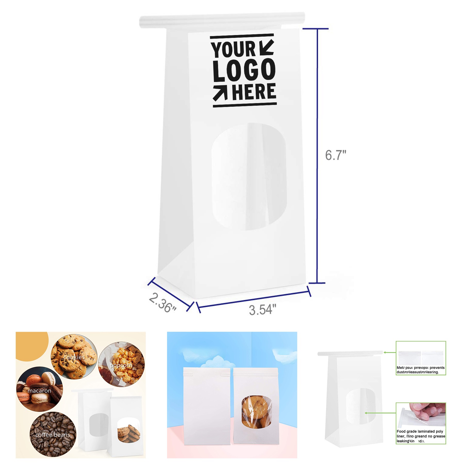 3.54x2.36x6.7 Inches Tin Tie Tab Lock Bags with Window