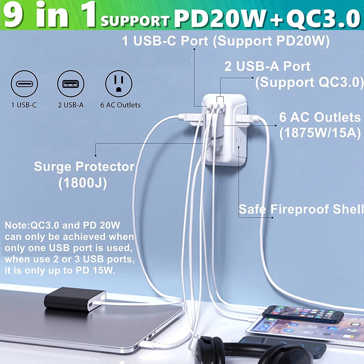 USB Wall Outlet Extender Surge Protector 4