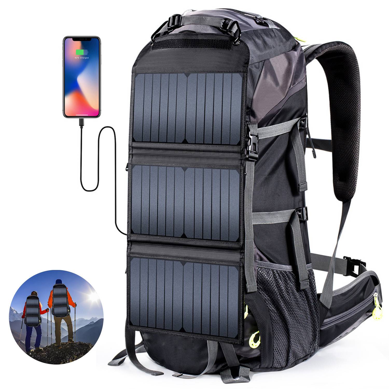 68L Outdoor Hiking Backpack with Solar Charger Panel 20w/6v 7