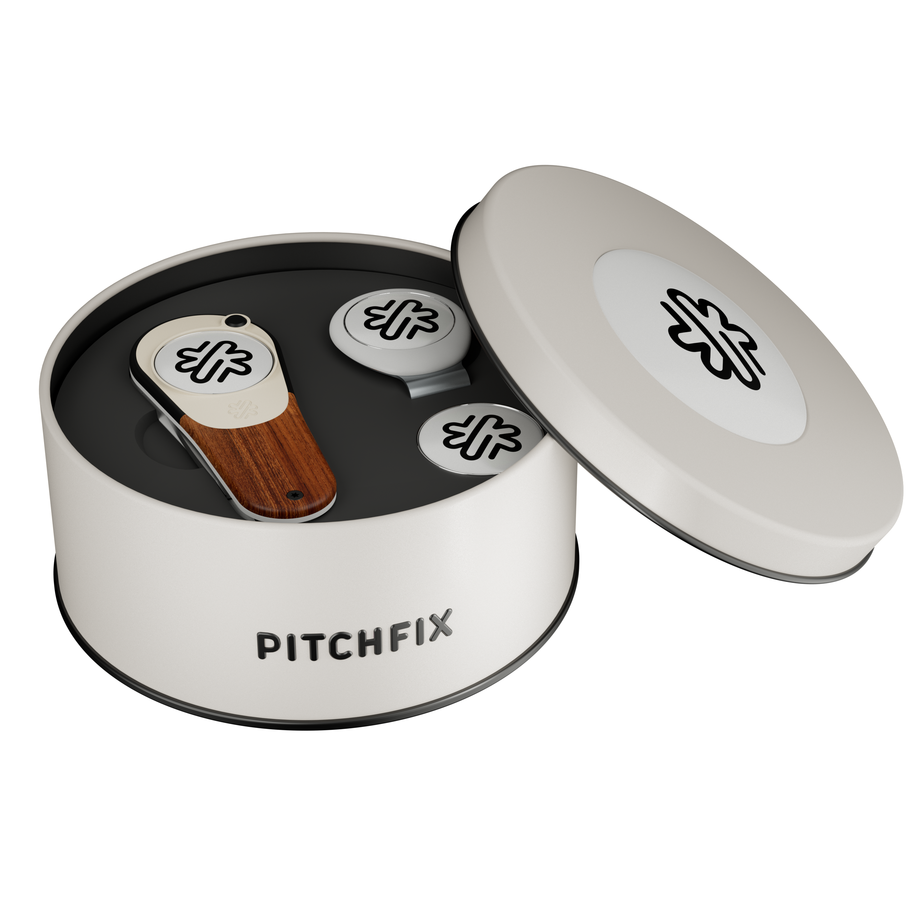 Pitchfix Woodie Golf Divot Tool in Round Tin with Hat Clip & Extra Ball Marker