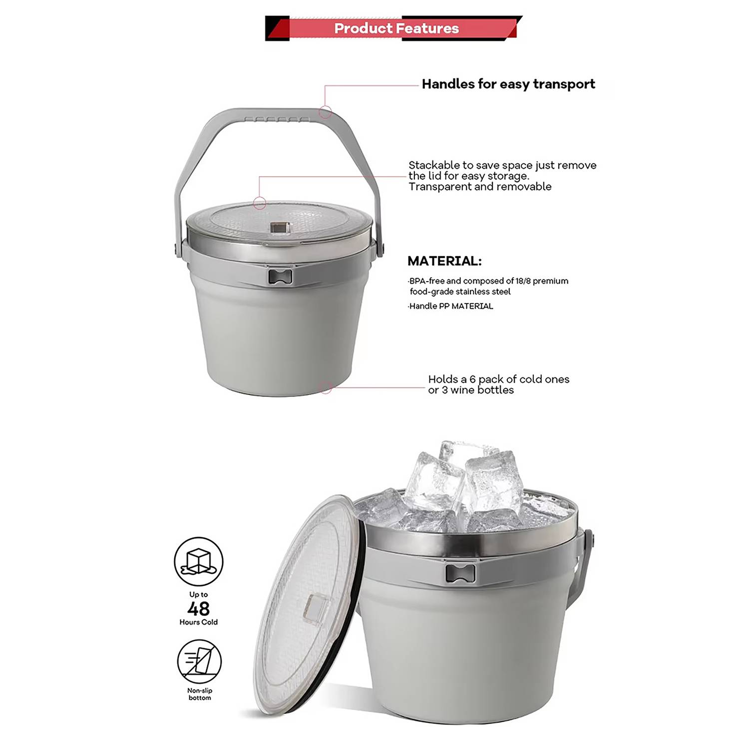 Large-Capacity Stainless Steel Insulated Ice Bucket Set 9