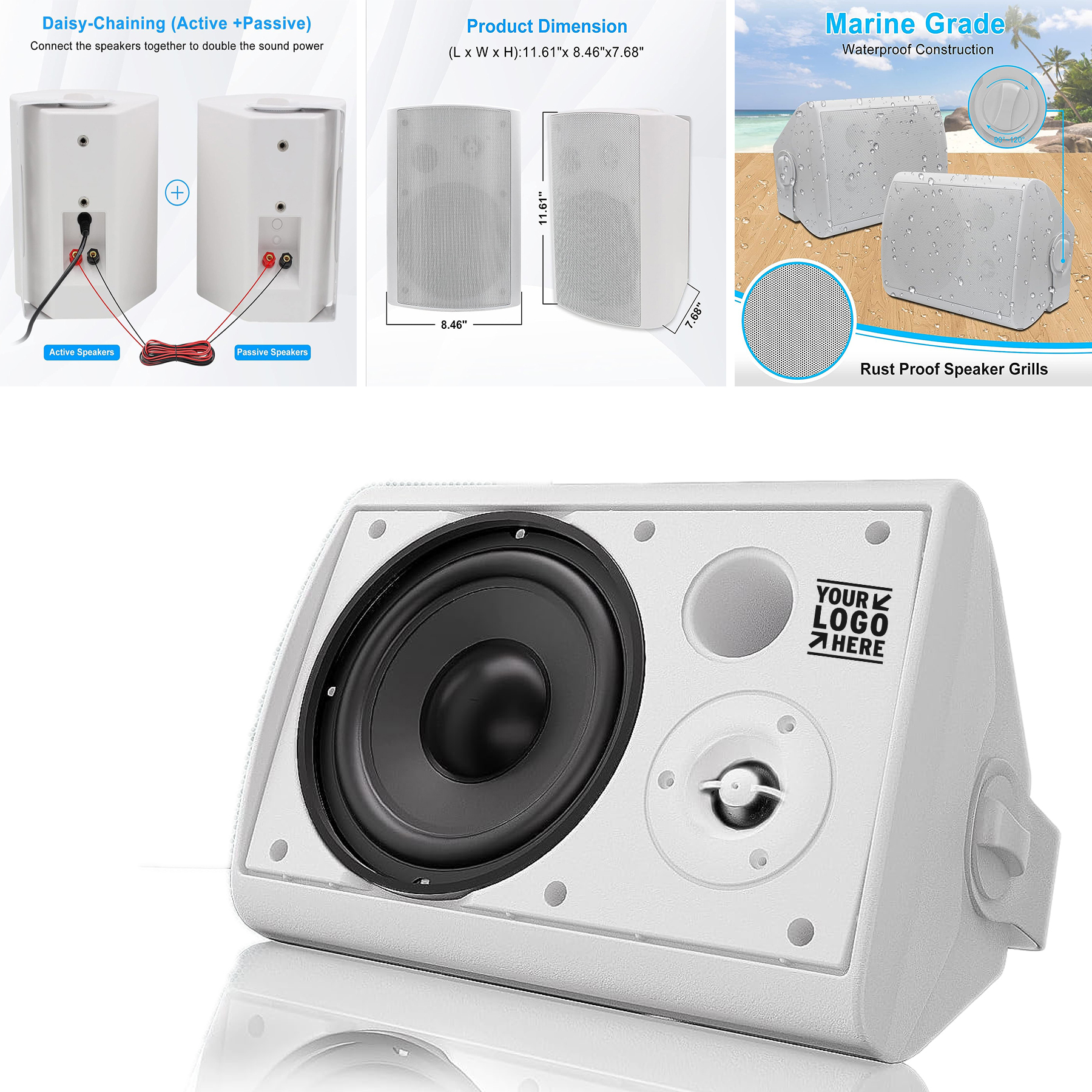 6.5 Inches 400 Watts Indoor Outdoor Wall Mount Waterproof Powerful Bass Wireless Bluetooth Speaker