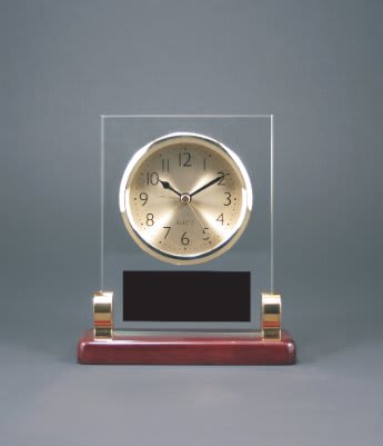 6 1/2" Rectangle Glass Desk Clock with Metal Posts & Rosewood Piano Finish 2