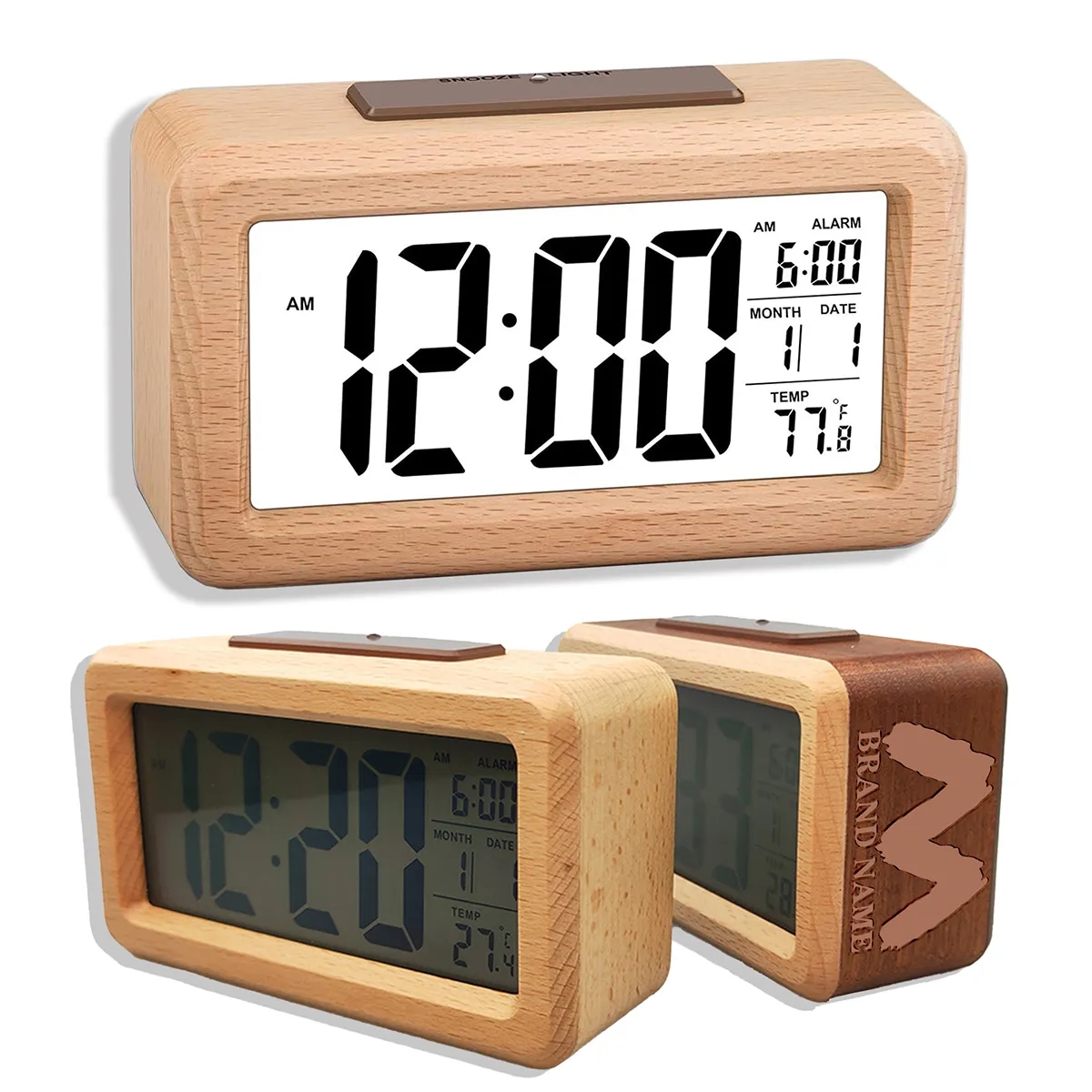 Bamboo Wooden LCD Alarm Digital Clock With Night Light Temp 2