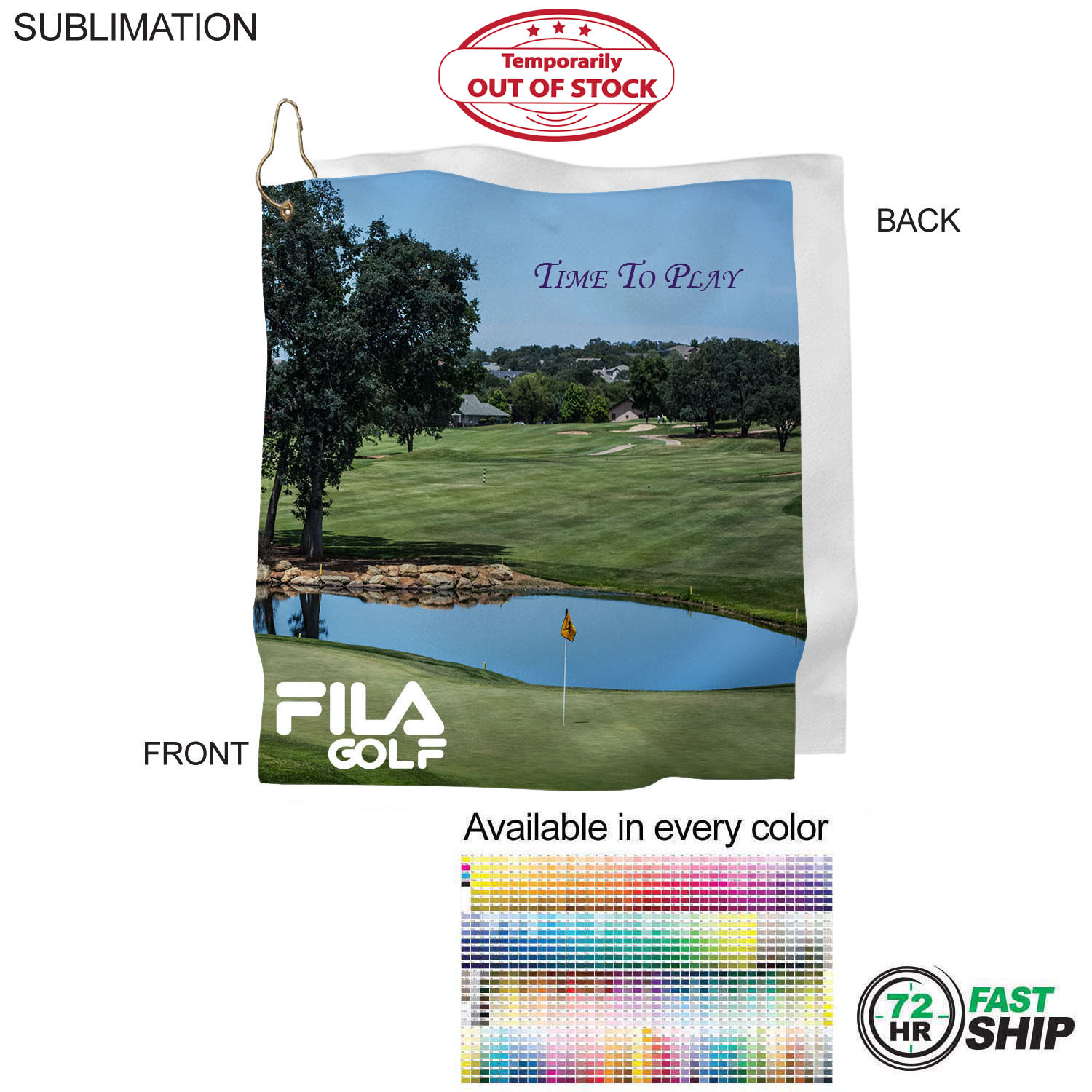 72 Hr Fast Ship - Microfiber Suede Shammy Golf Towel, Finished size 15x15, Sublimated 2