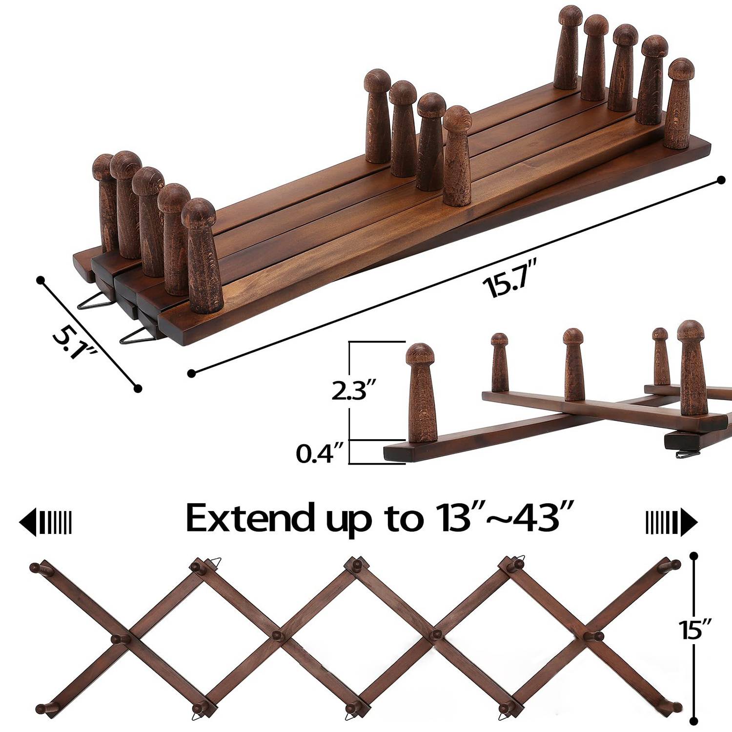 Expandable Wall Mounted Wooden Hat Rack w/ 14 Hooks 5