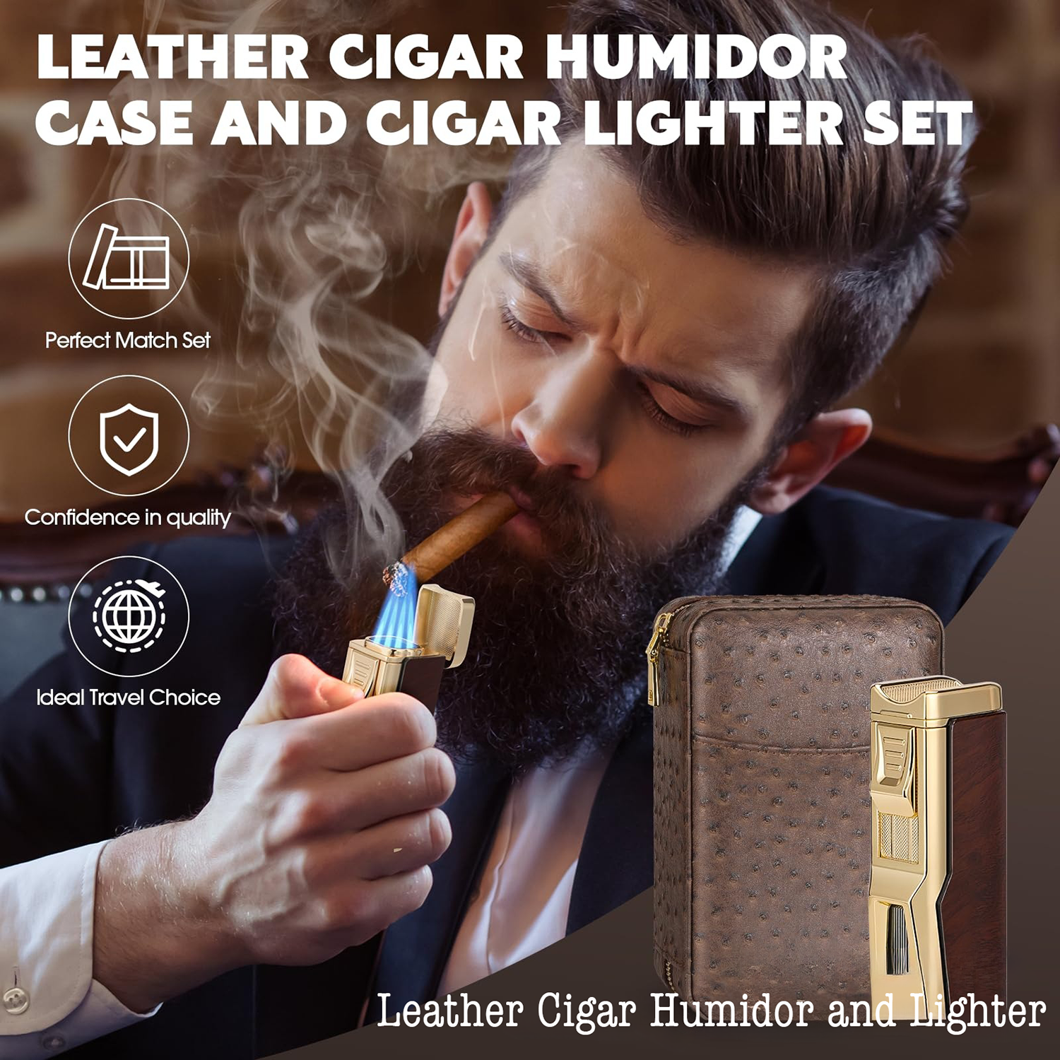 PU Leather Cigar Humidor Box with Lighter and Humidifier Set 6