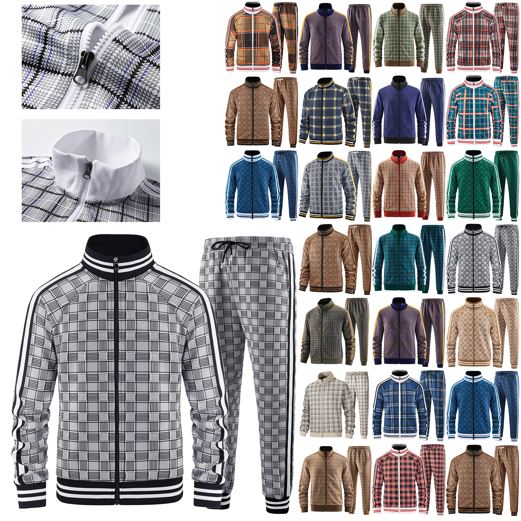 Mens Plaid Track Suits Anti Pilling Sports Wear Jacket Pants Custom 2