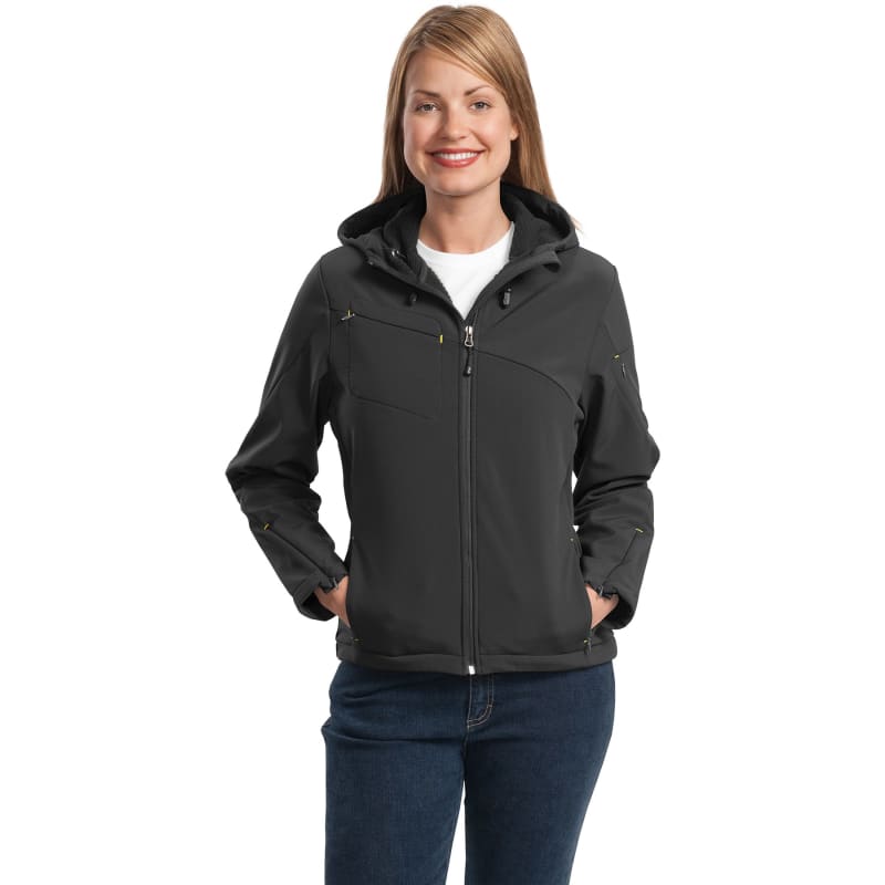 Port Authority Women's Textured Hooded Soft Shell Jacket. 4