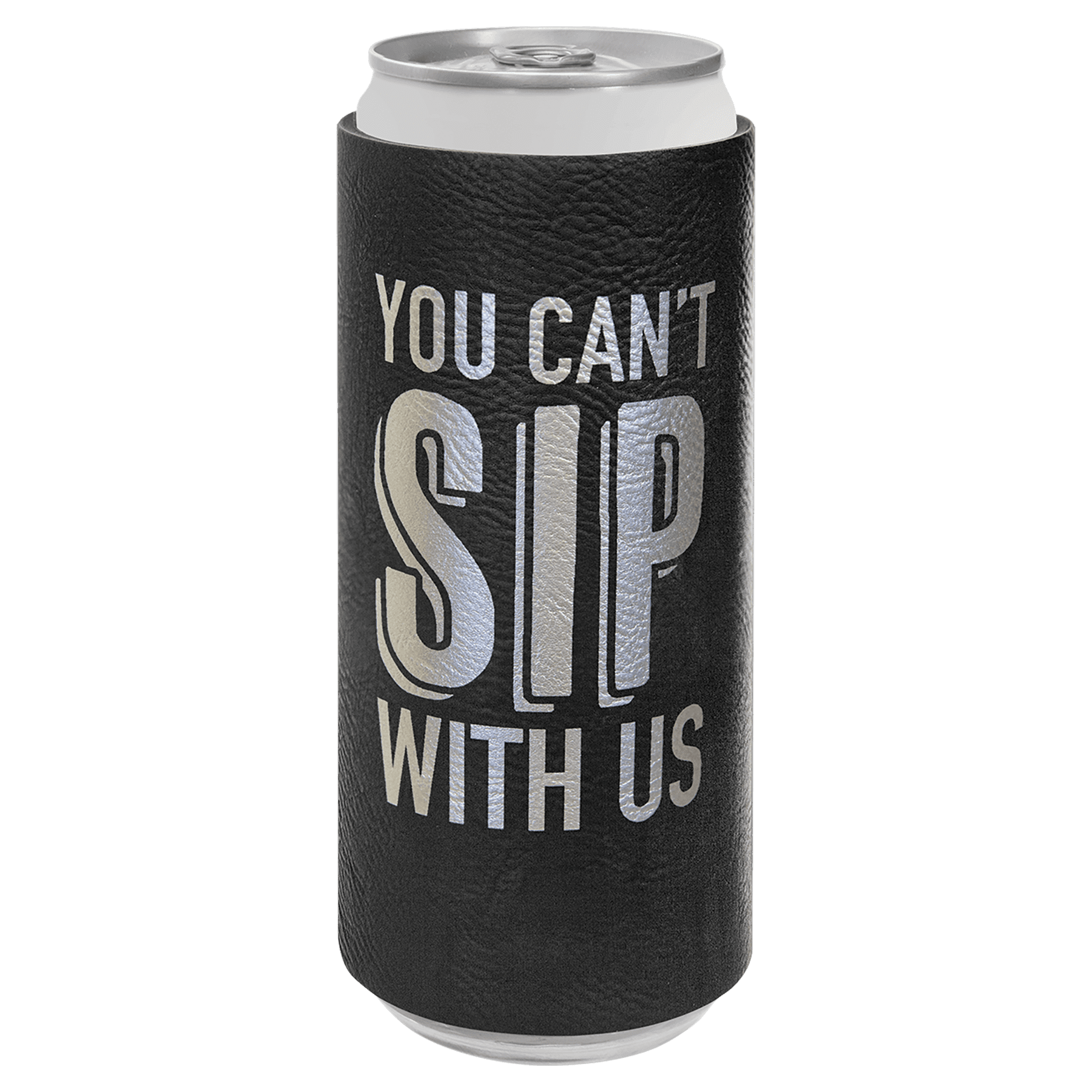 Black/Silver Leatherette Slim Beverage Holder, custom koozie with logo imprint 2