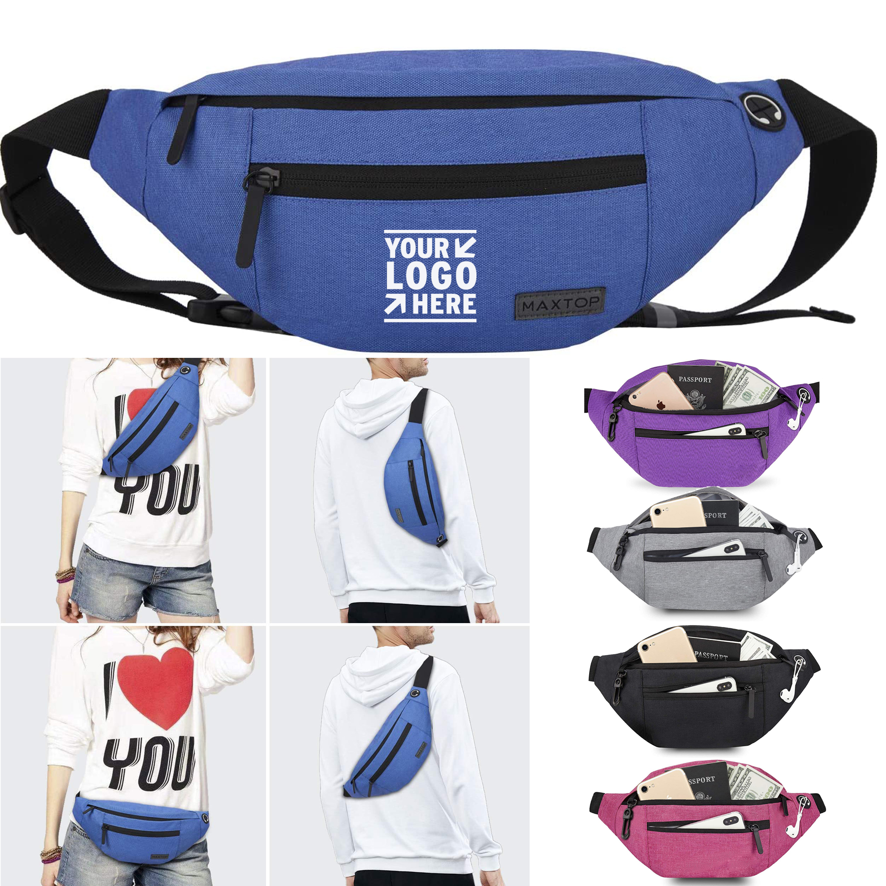 Large Crossbody Fanny Pack with 4-Zipper Pockets