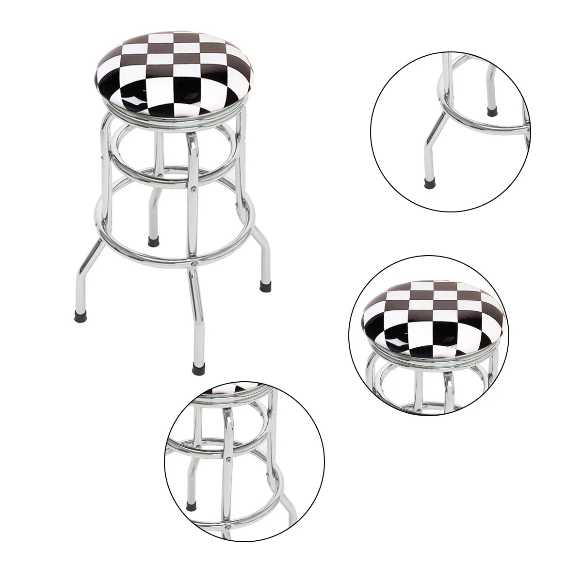 Checkerboard Padded Swivel Bar Stool Single Ring Chrome Base 5