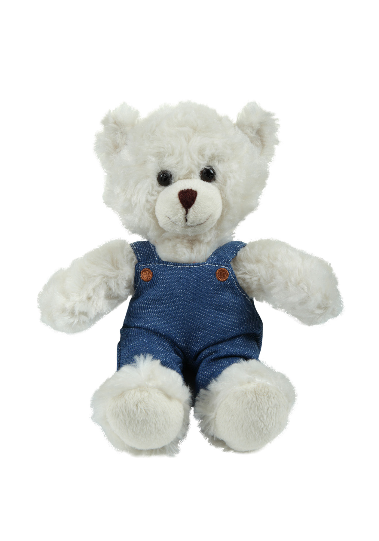 soft plush  Cream Curly Sitting Bear in denim overall