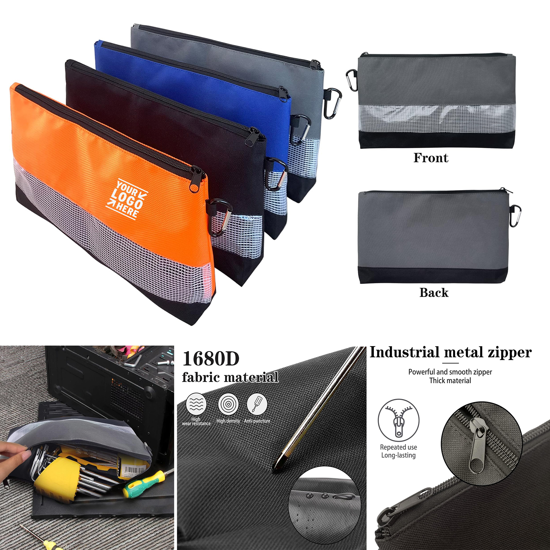 Small Tool Pouch Multipurpose Storage Zipper Bag with Carabiner Hook