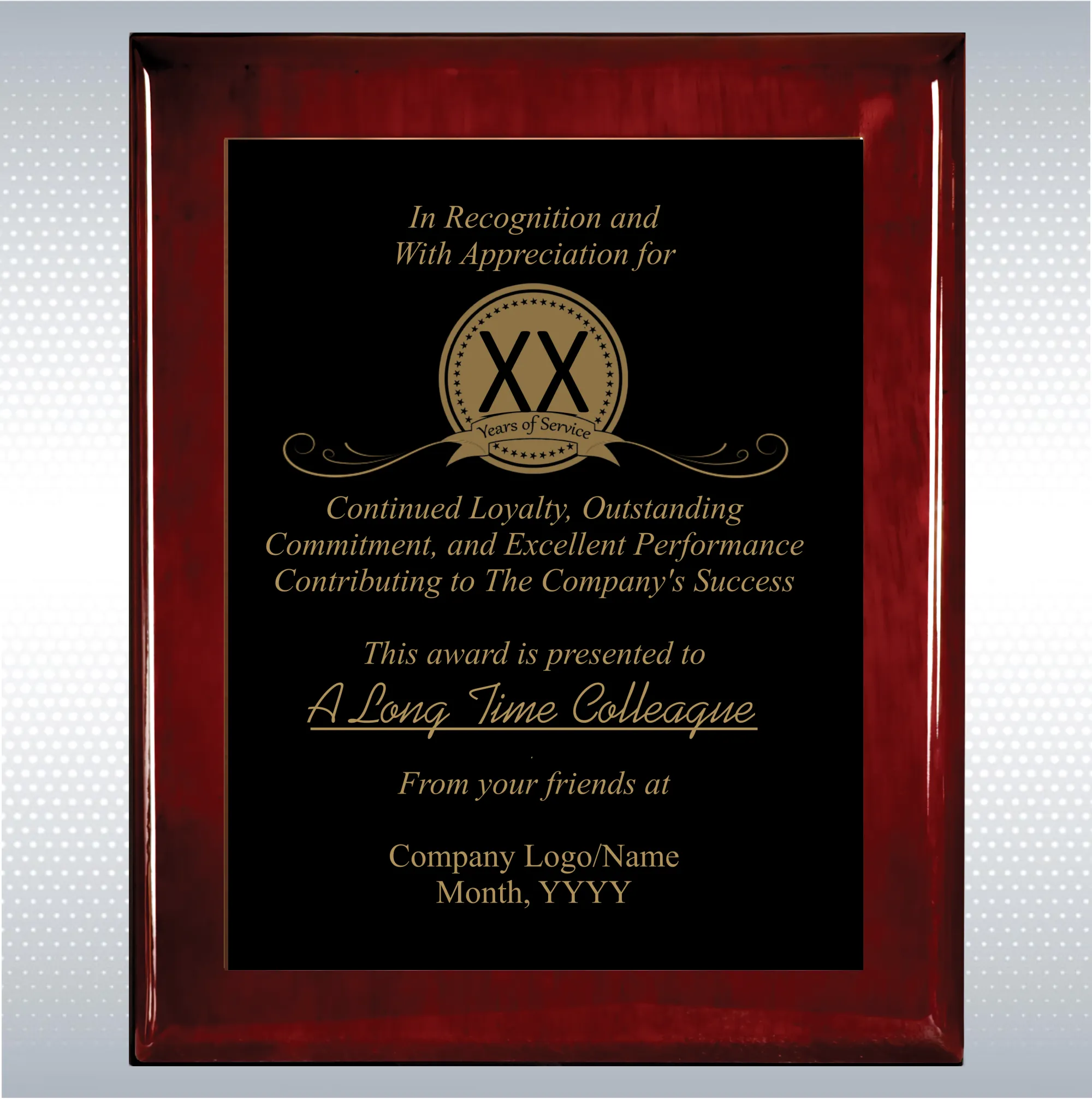 Rosewood Piano Finish Wood Plaque  Years of Service Award 6