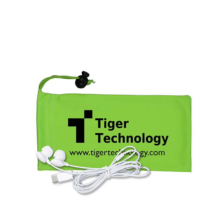 Mobile Tech Earbud Kit in Microfiber Cinch Pouch Components inserted into Microfiber Pouch 5