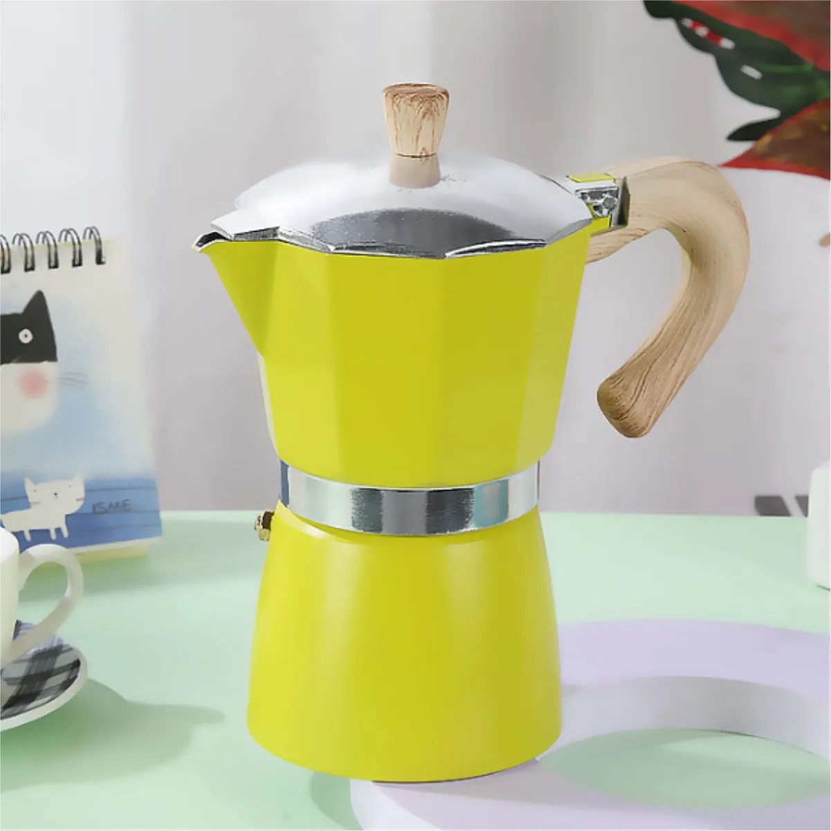 Stovetop Moka Coffee Maker With Wood-Grain Handle 4