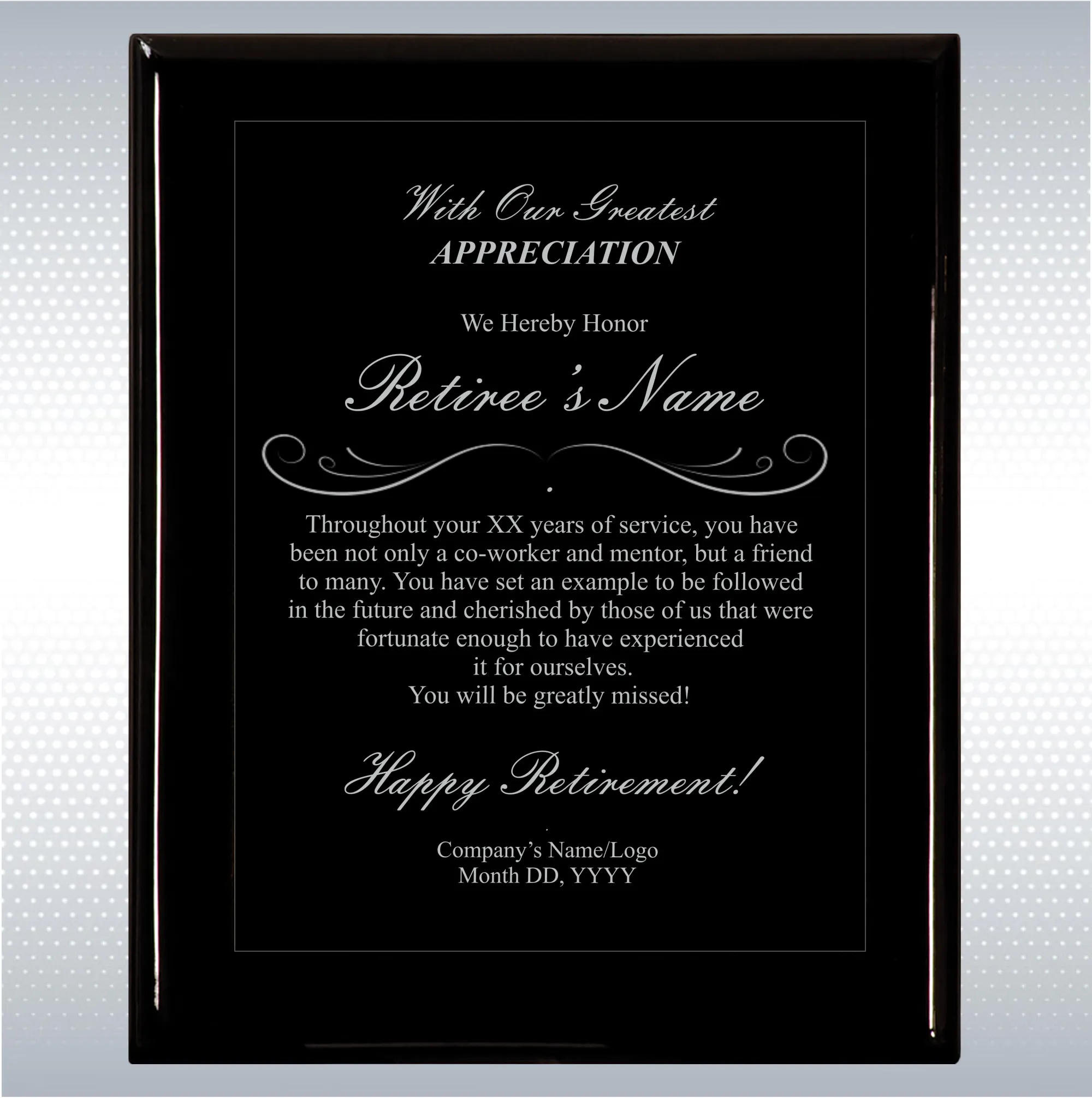 Black Piano Finish Wood Plaque Retirement Gift Award 19